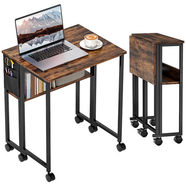 63cm Foldable Computer Desk on Wheels for Small Spaces, Rustic Brown