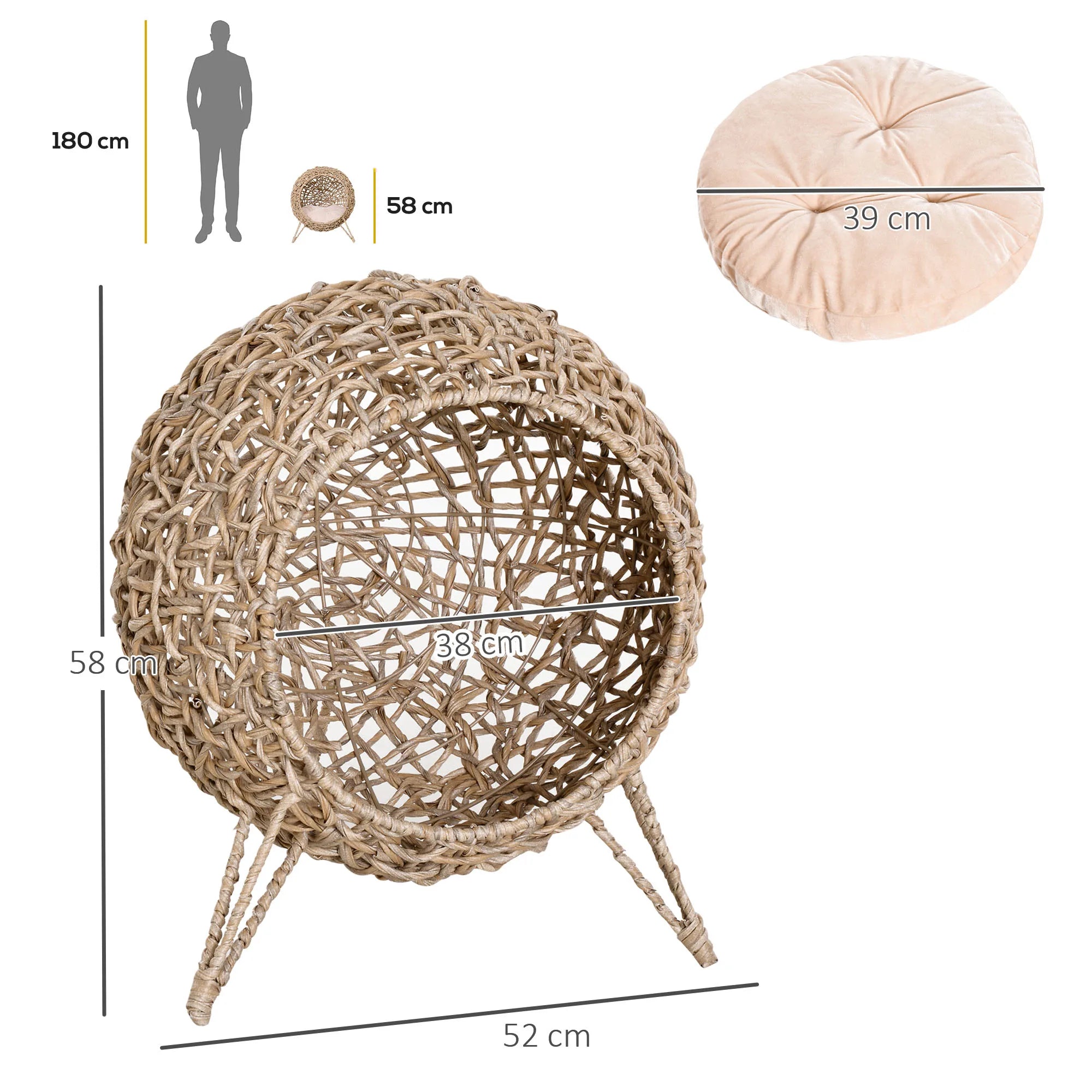 Wicker Cat House Ball Shaped Rattan Raised Cat Bed with Cushion Three Leg Metal Base for Cats under 5kg