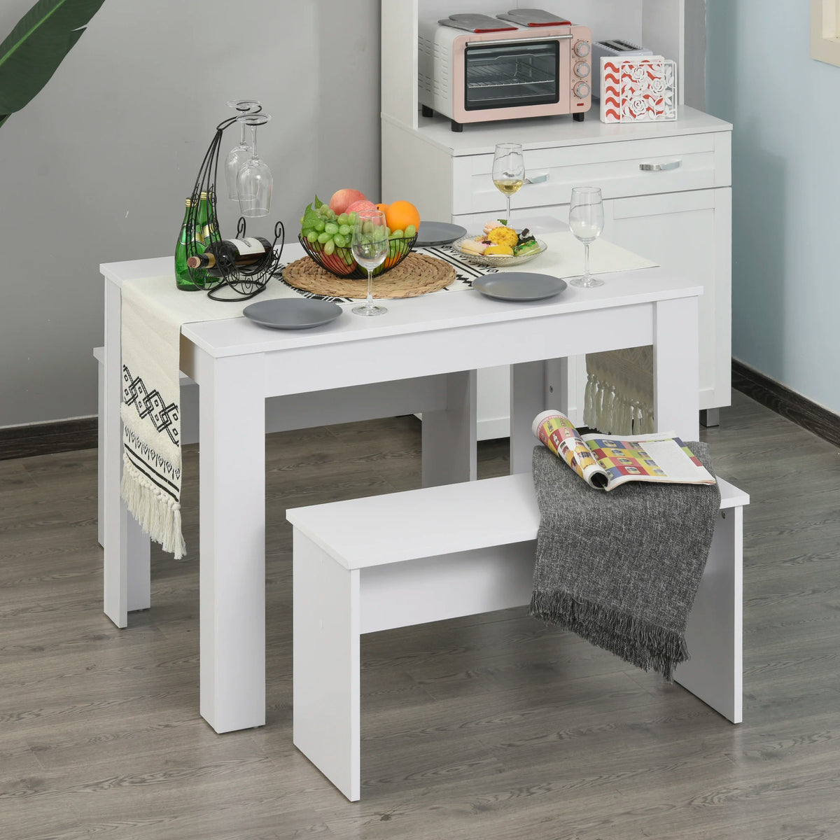 3 Piece Modern Dining Table Set with 2 Bench Seats, Compact Kitchen Dining Set