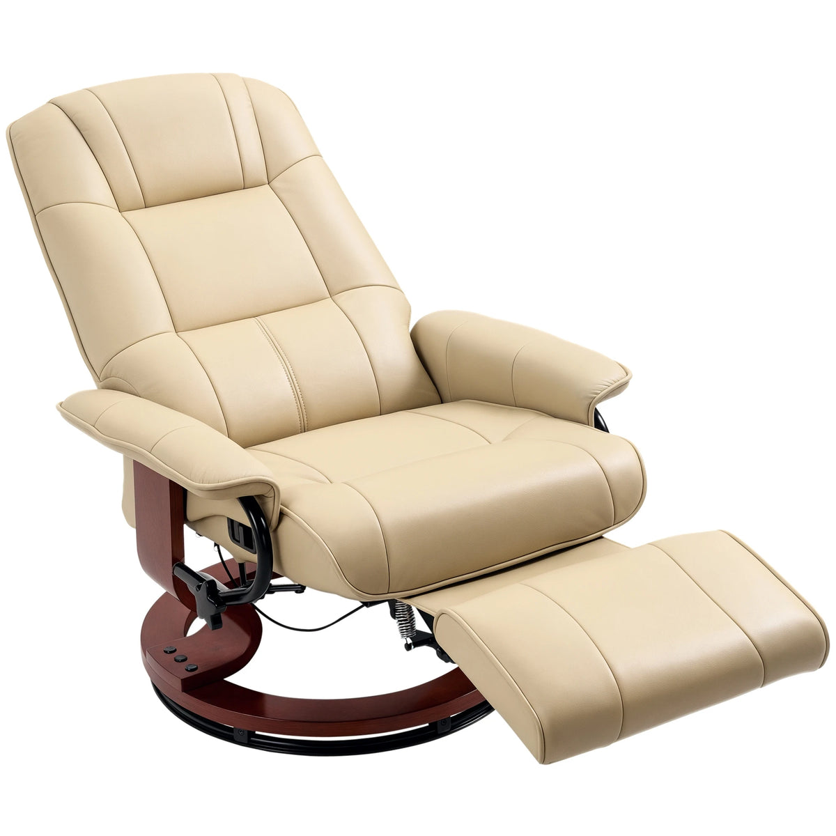 Swivel Recliner Chair with Footrest and Wooden Base, Faux Leather, Cream