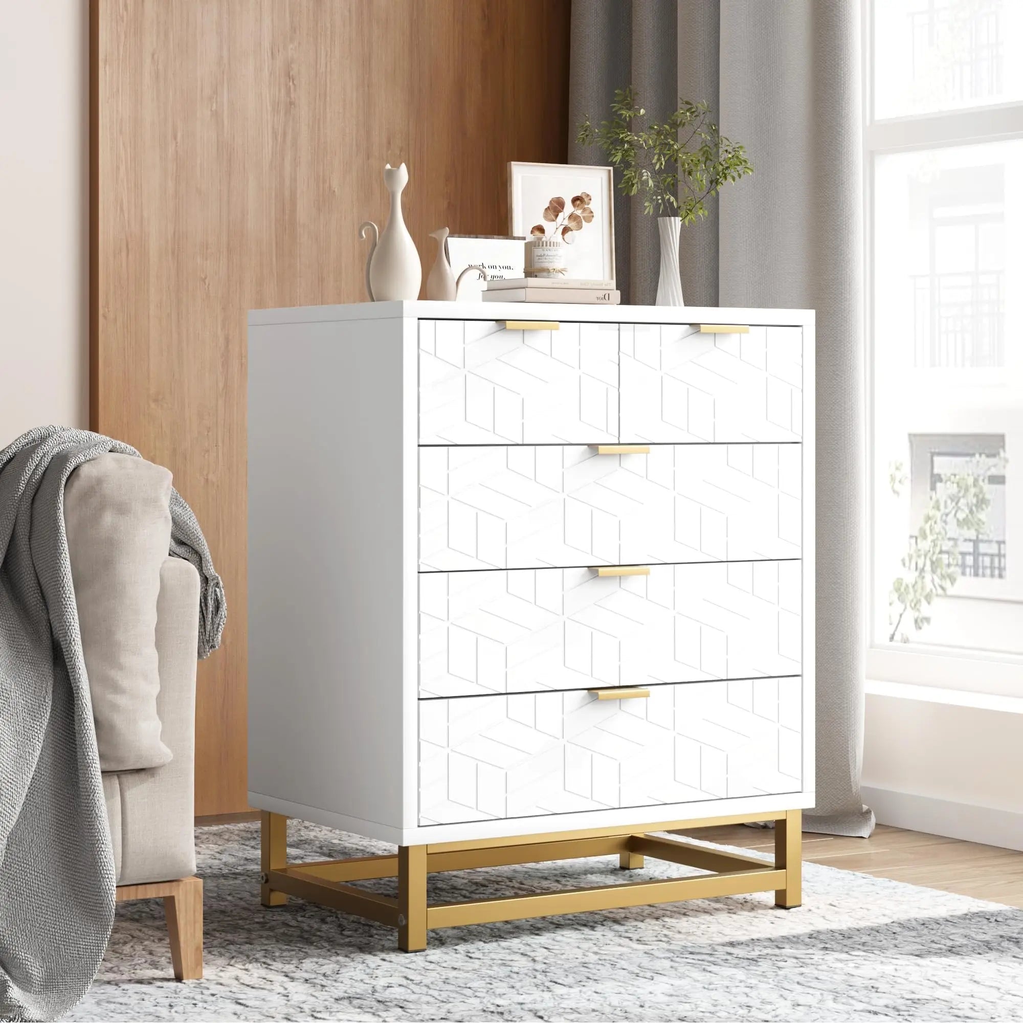 5 Drawer Chest of Drawers Modern Dresser with Gold Metal Legs and Handles Bedroom Living Room Storage Cabinet