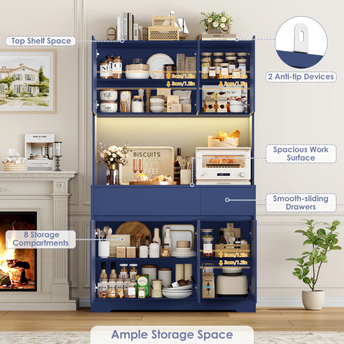 180cm Tall Kitchen Cabinet with LED Lighting and Power Outlet | Sideboard with 6 Doors 2 Drawers and Adjustable Shelves