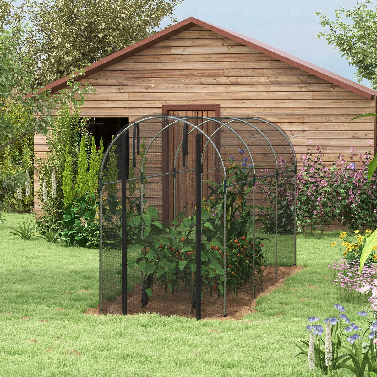 Fruit Cage 120x360x188cm Galvanised Steel Frame with Tear Resistant Mesh and Zipped Roll Up Door Black