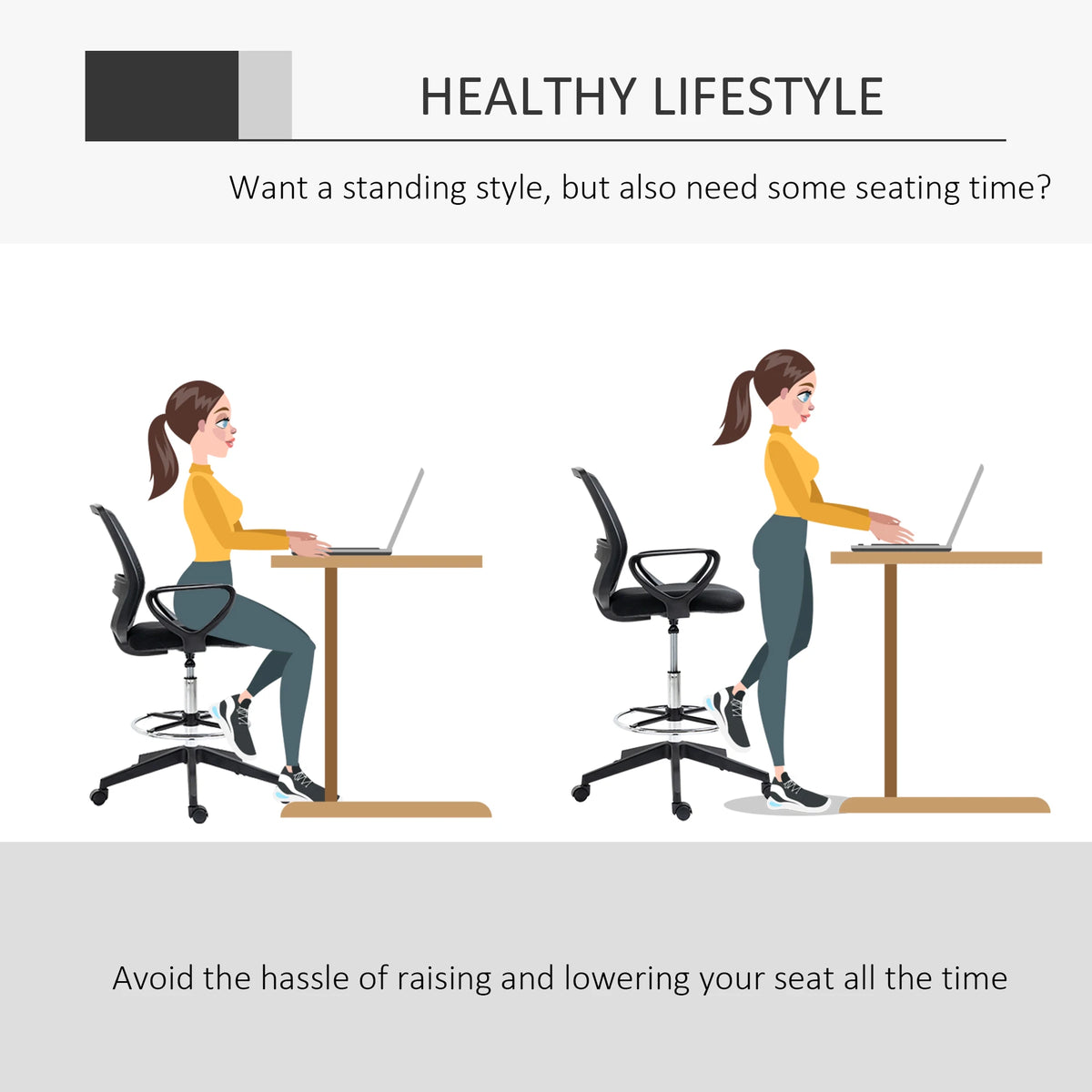Tall Draughtsman Office Chair, 102.5-126cm Adjustable with Mesh Back and Foot Ring