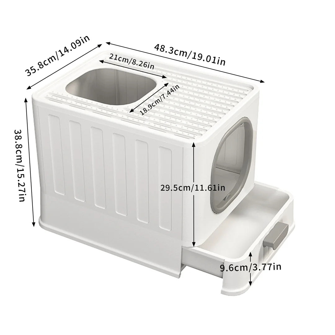 Enclosed Cat Litter Box with Drawer 48.3x35.8x38.8cm Front Top Doors Acrylic Window Lid Scoop White Grey