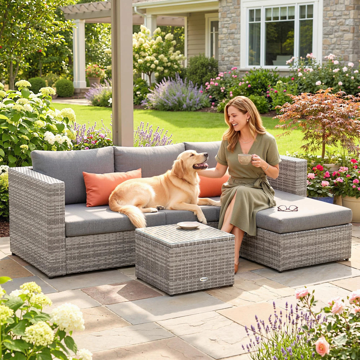 3-Piece Outdoor PE Rattan Furniture Sofa Set with Tempered Glass Table & Cushions