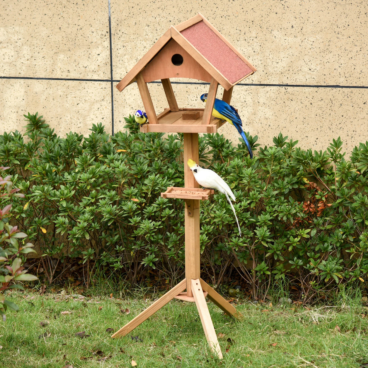 Wooden Bird Feeder Stand 49x45x139cm Fir Wood with 2 Platforms Nesting Space and Asphalt Roof Natural