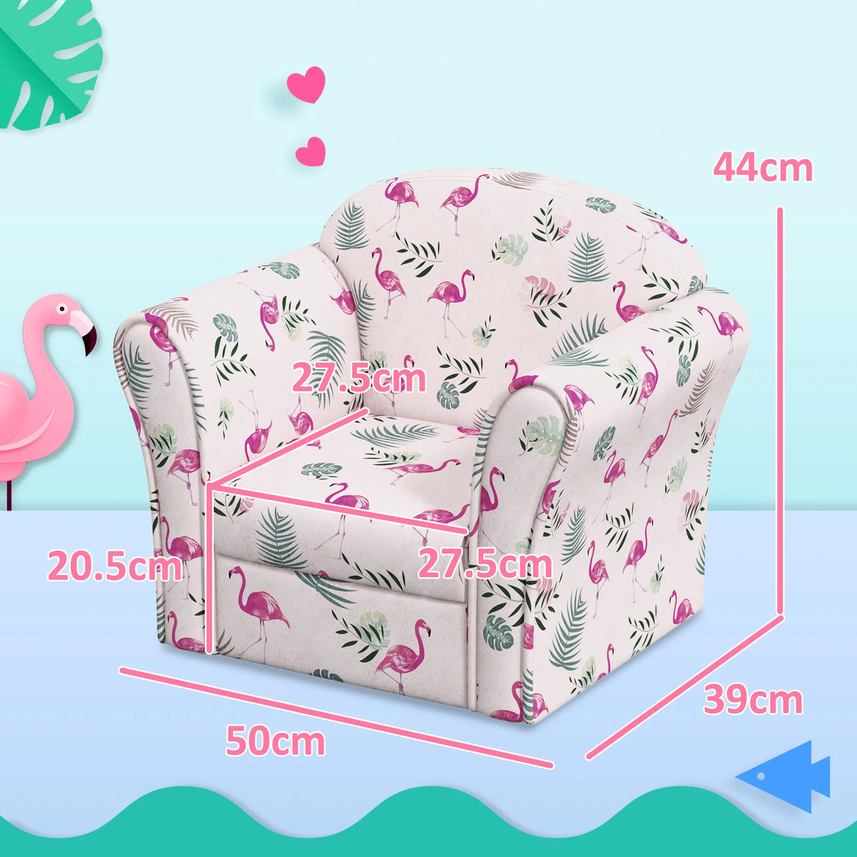 Kids Sofa Chair with Flamingo Design Wooden Frame Upholstered Toddler Armchair for Ages 18-36 Months