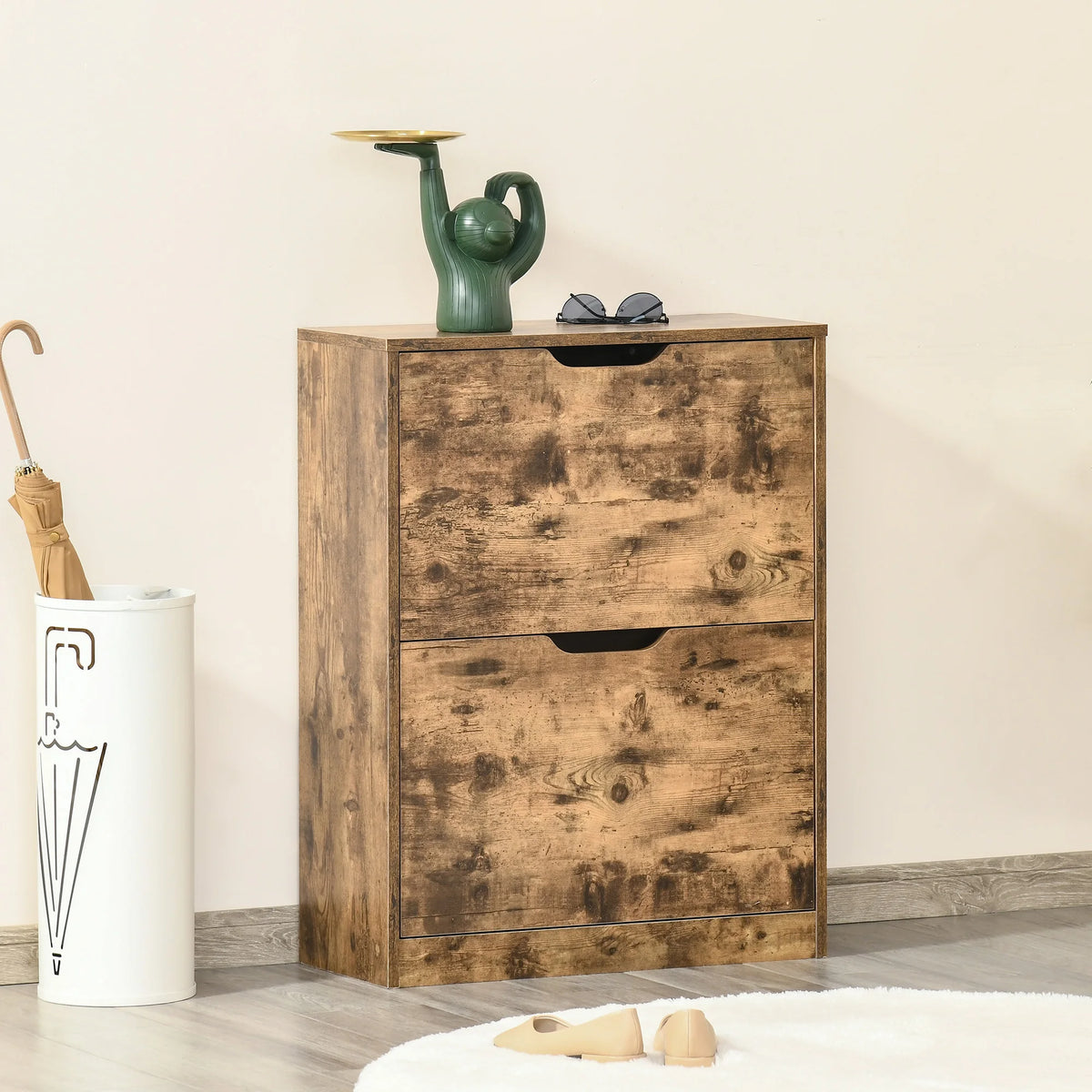Shoe Cabinet with 2 Flip Drawers for 12 Pairs 62.5x26x81cm Two Tone Wood Effect Anti Tipping Rustic Brown