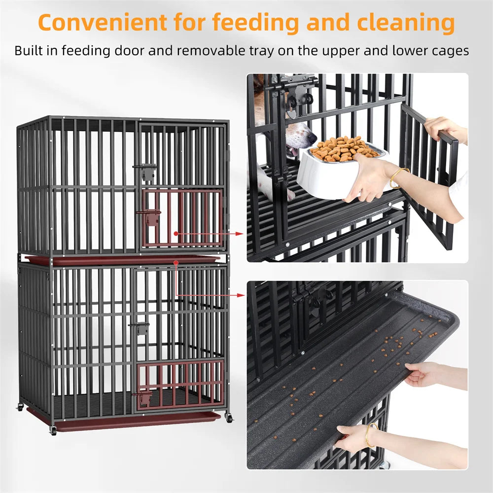 BORWART Oversized Stackable Double Layer Dog Crate 107x77.5x156.5cm Heavy Duty Lockable Wheels for Medium Large Dogs