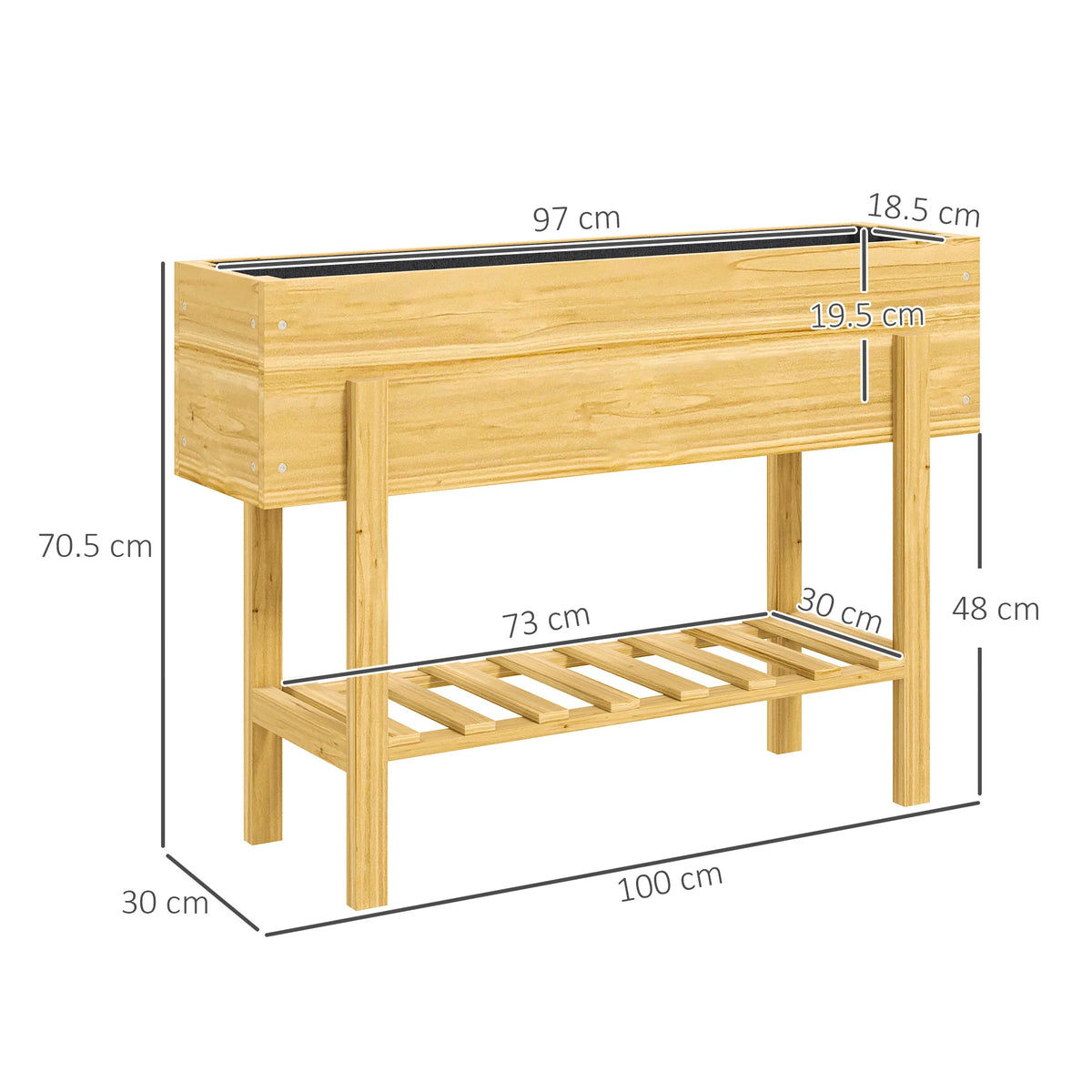 Wooden Raised Garden Bed with Bed Liner, Storage Shelf, Natural Wood Finish
