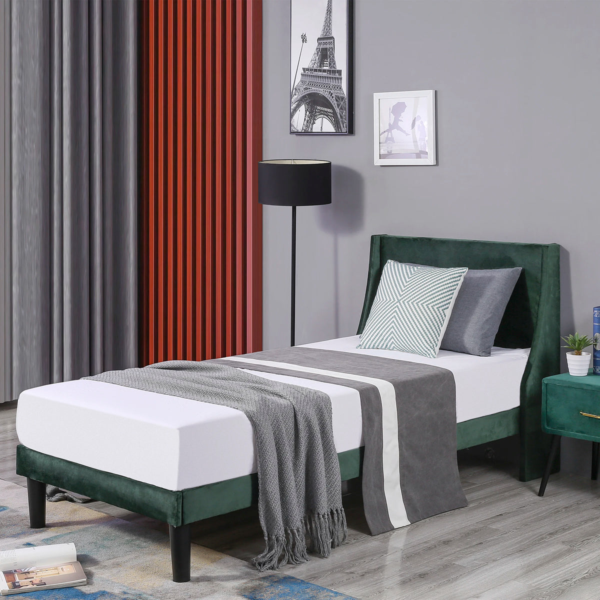3FT Single Bed with Winged Headboard, Dark Green Velvet Upholstery, Wood Slat Support