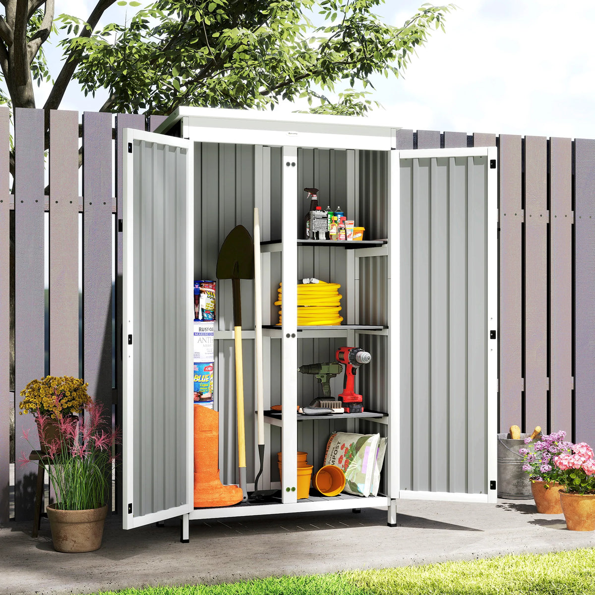 Small Wood and Steel Garden Shed with 3 Removable Shelves and Asphalt Roof