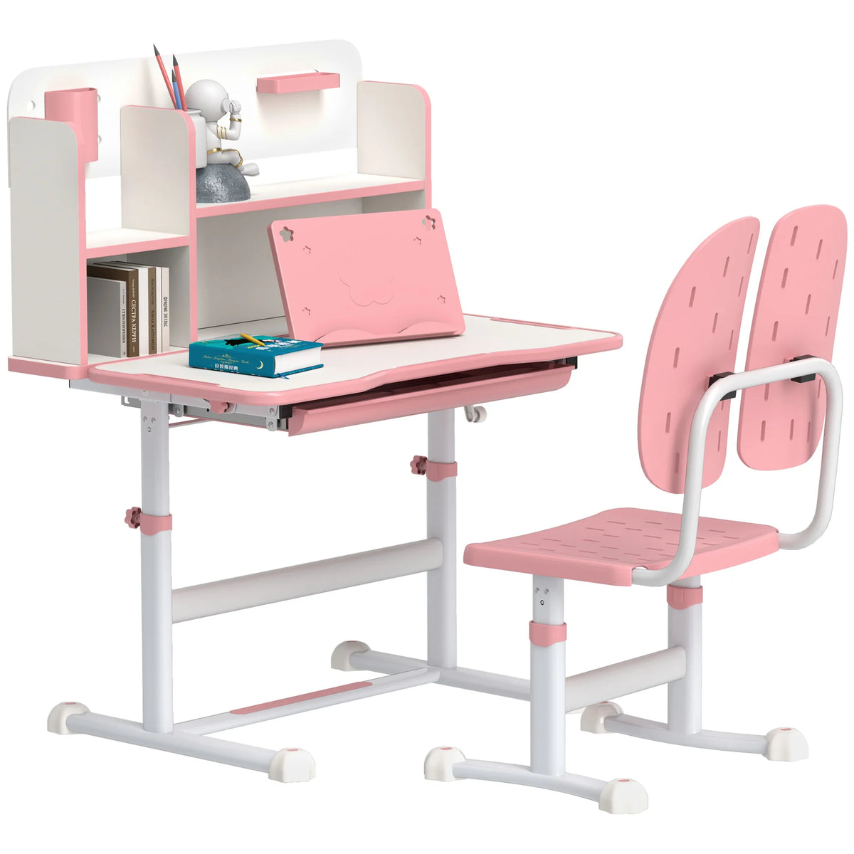Height Adjustable Kids Study Desk with 0-45° Tiltable Top Drawer Bookshelf and Reading Rack Ages 3-13