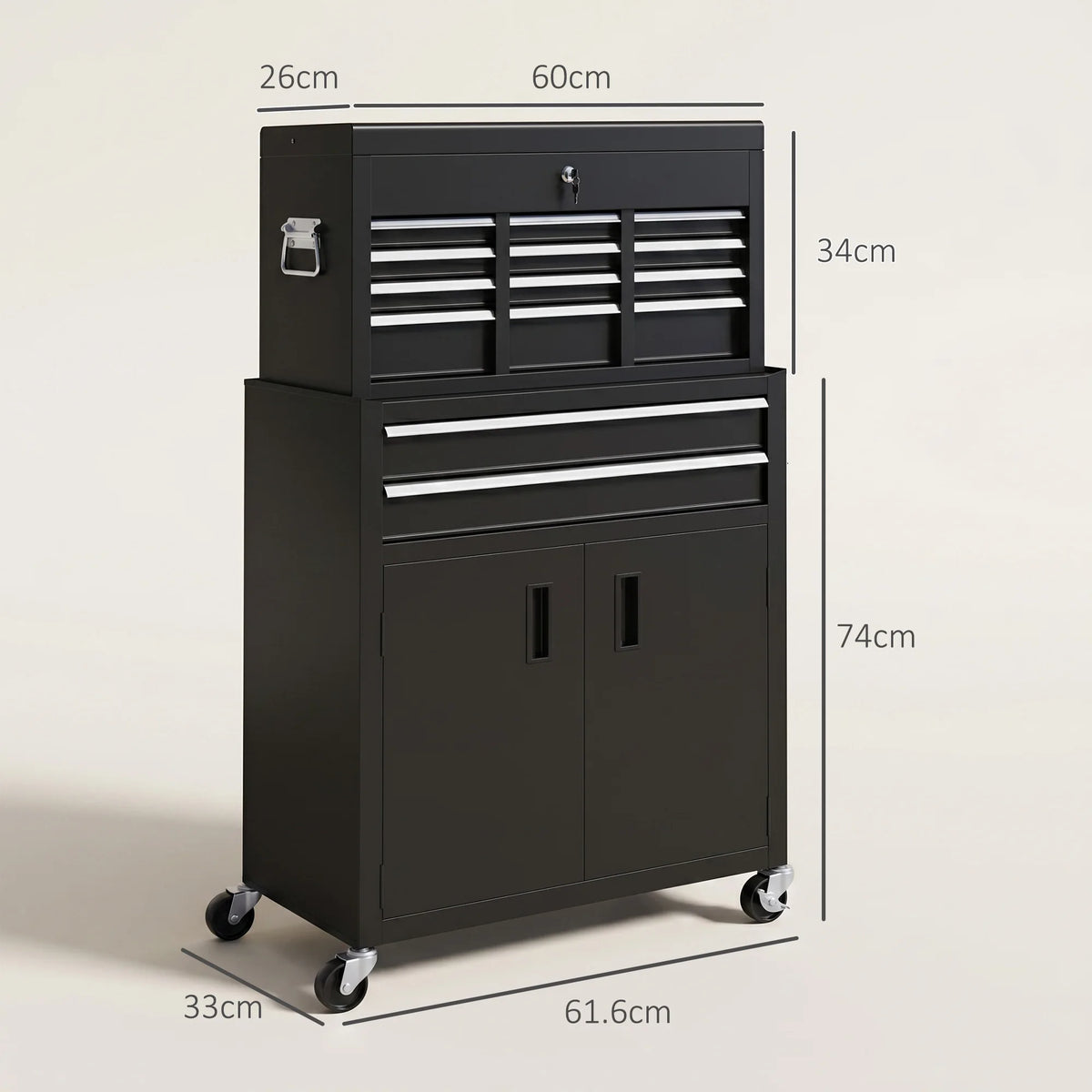 Rolling Tool Chest and Cabinet with 6 Drawers, Lockable Top Chest and Pegboard, Black