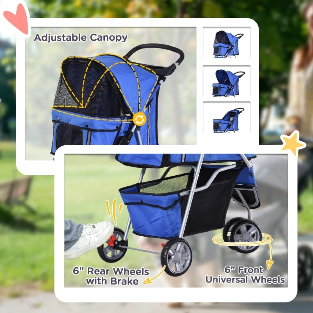 PINGGO Dog Stroller 3 Wheel Foldable Pram with Cup Holder Storage Basket for Small Miniature Dogs Blue