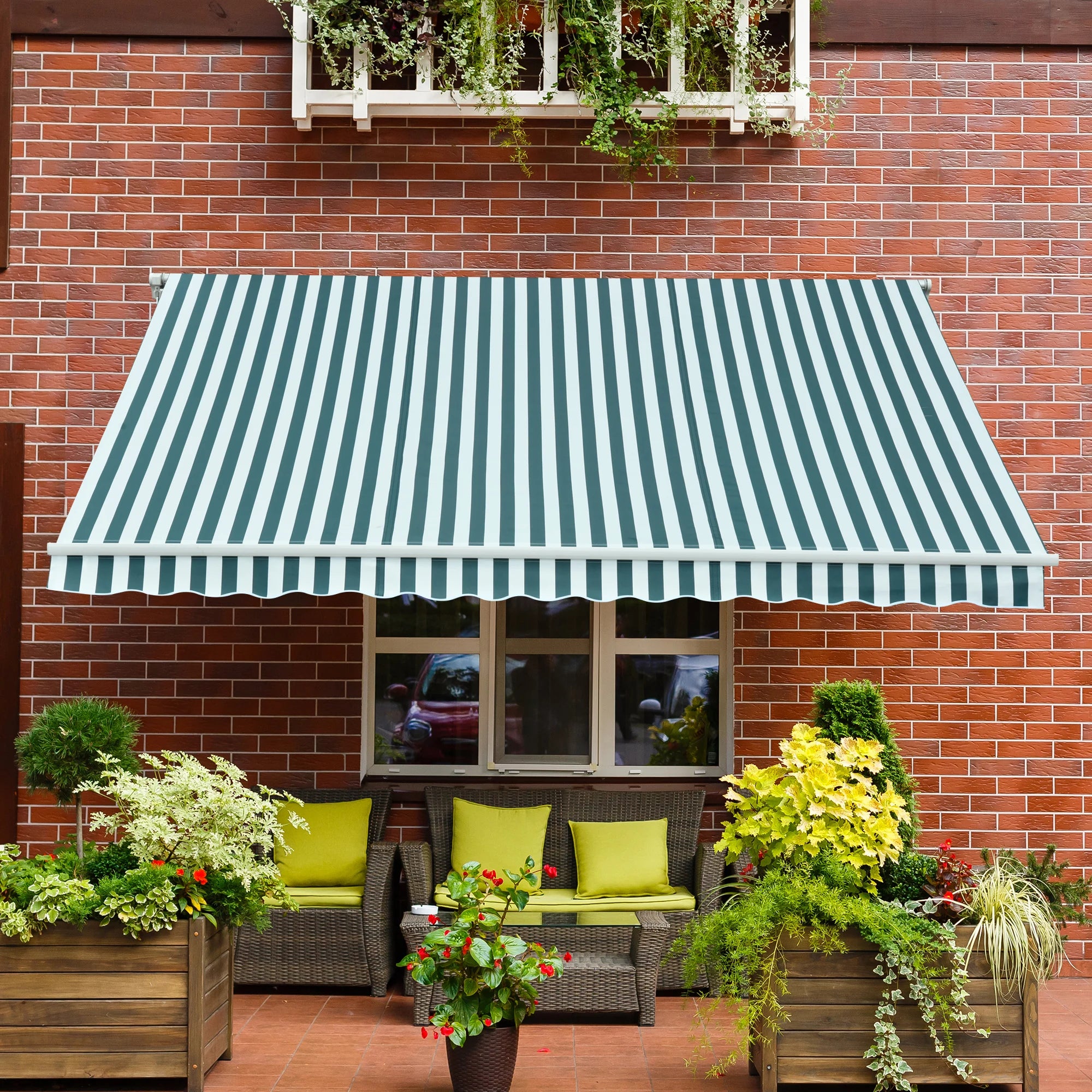 3x2.5m Manual Retractable Garden Awning 280g Polyester 90% UV Block Crank Handle for Patio Door Window Green White