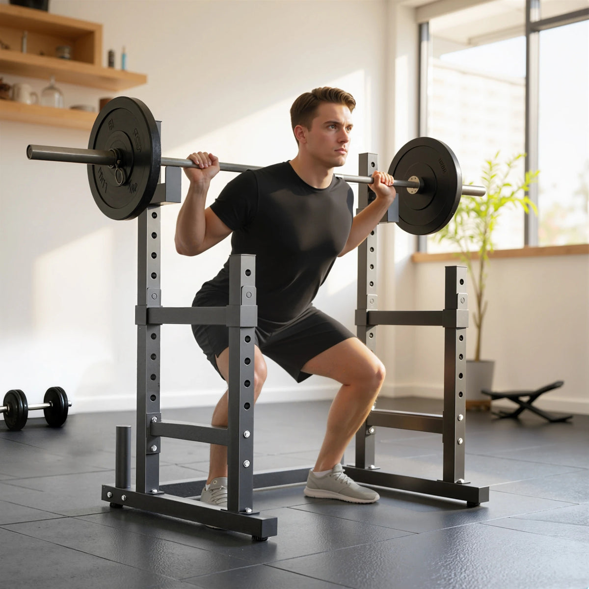 Adjustable Squat Rack with Safety Spotters and Plate Storage, 300kg Max Load, Black