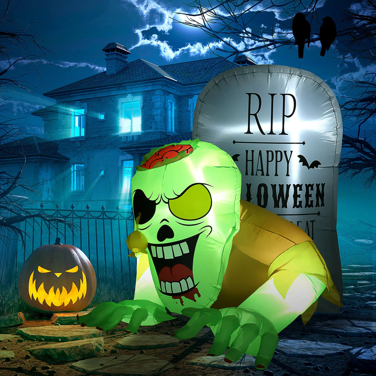 5ft Inflatable Halloween Ghost and Tombstone with LED Lights, Garden Decoration