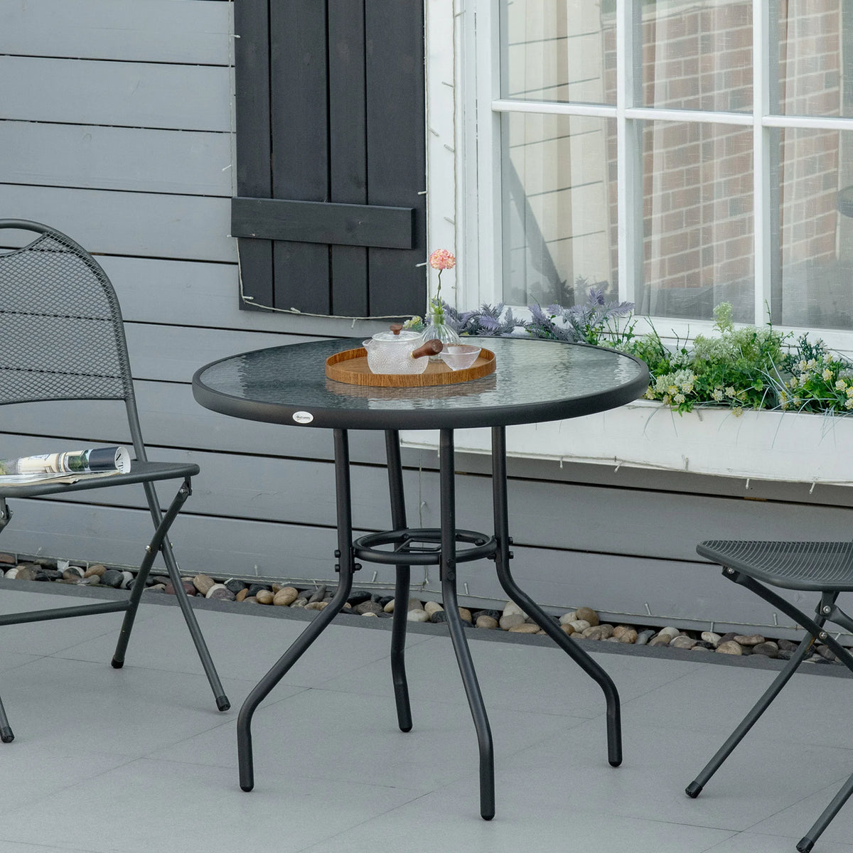 Outdoor Round Dining Table, Tempered Glass Top with Parasol Hole, 80cm