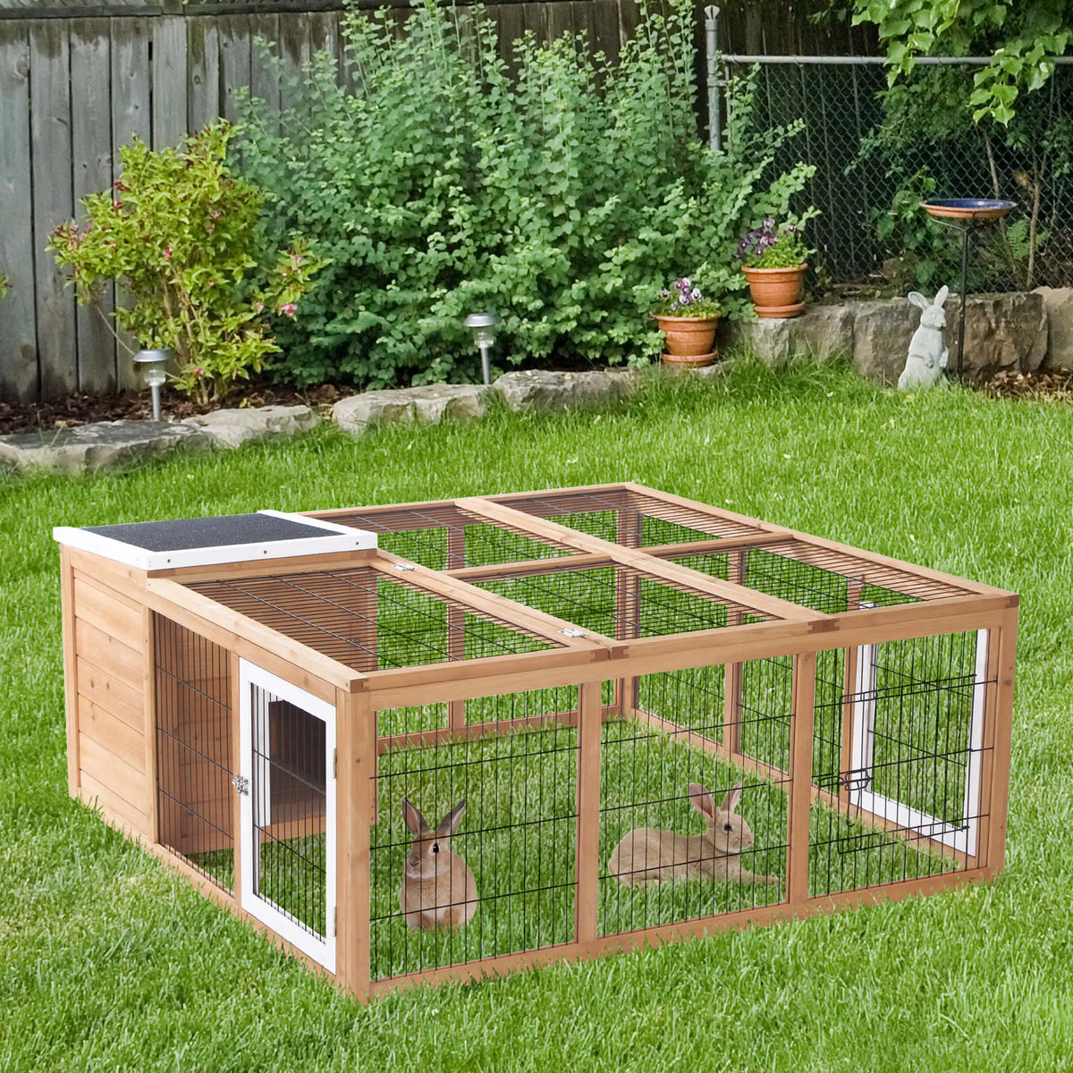 Rabbit Hutch with Openable Top 123cm Guinea Pig House Fir Wood Mesh Run Asphalt Roof Yellow