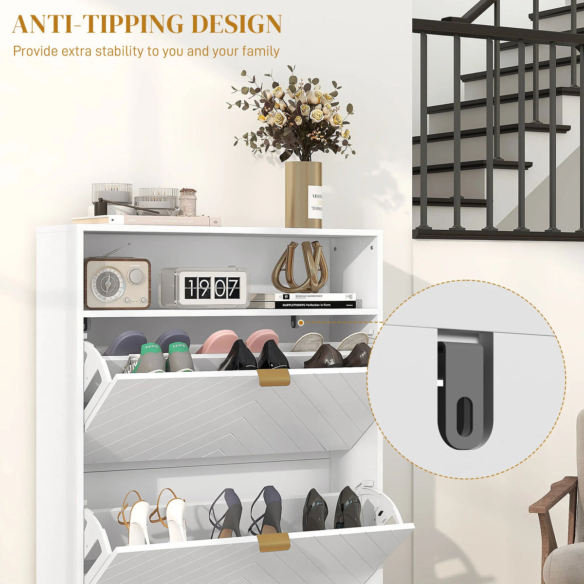 Narrow Shoe Cabinet with 2 Flip Drawers and Open Shelf, Holds 12 Pairs, 80 x 24 x 110 cm