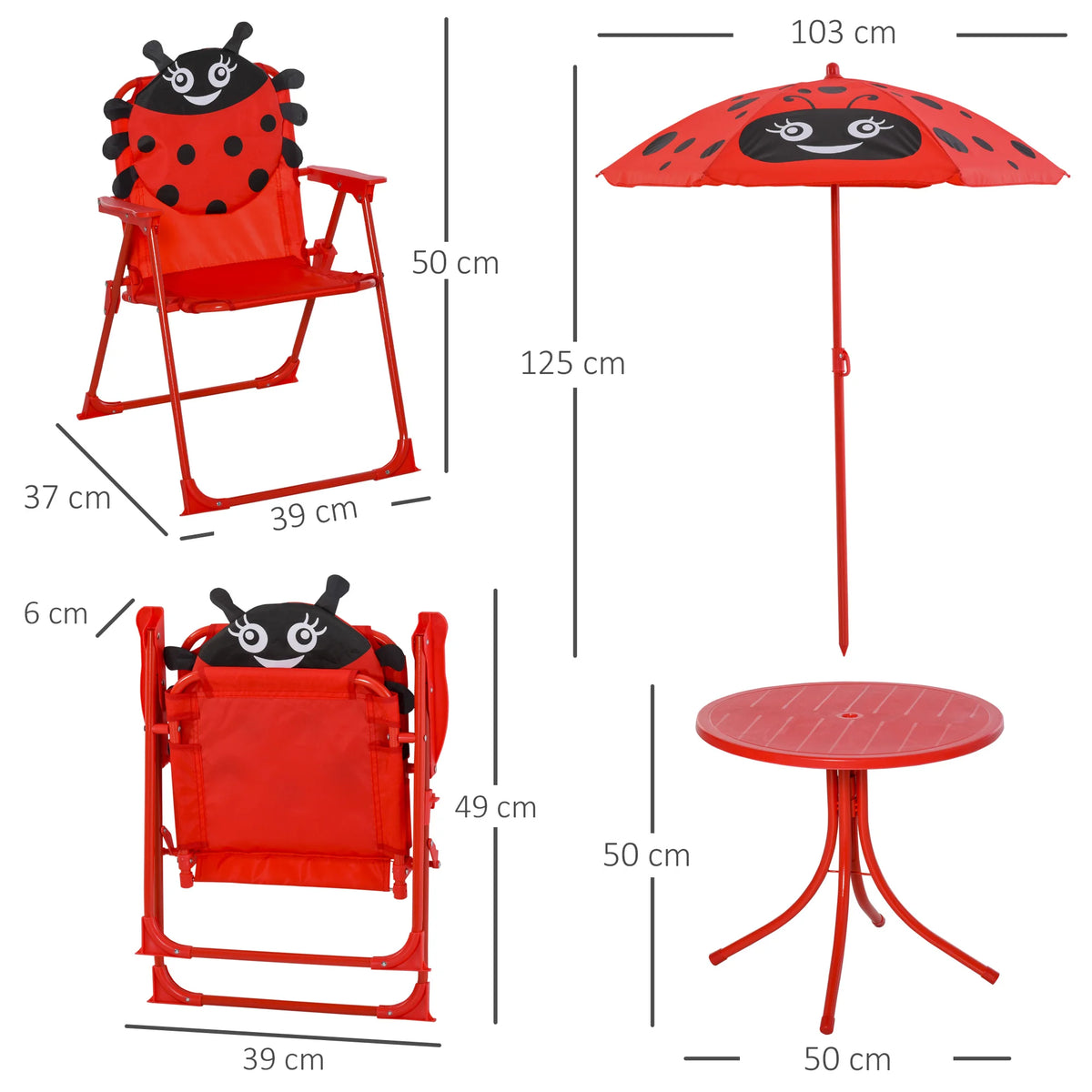Kids Folding Picnic Table and Chair Set with Parasol Ladybird Pattern 2 Deck Chairs Metal Frame