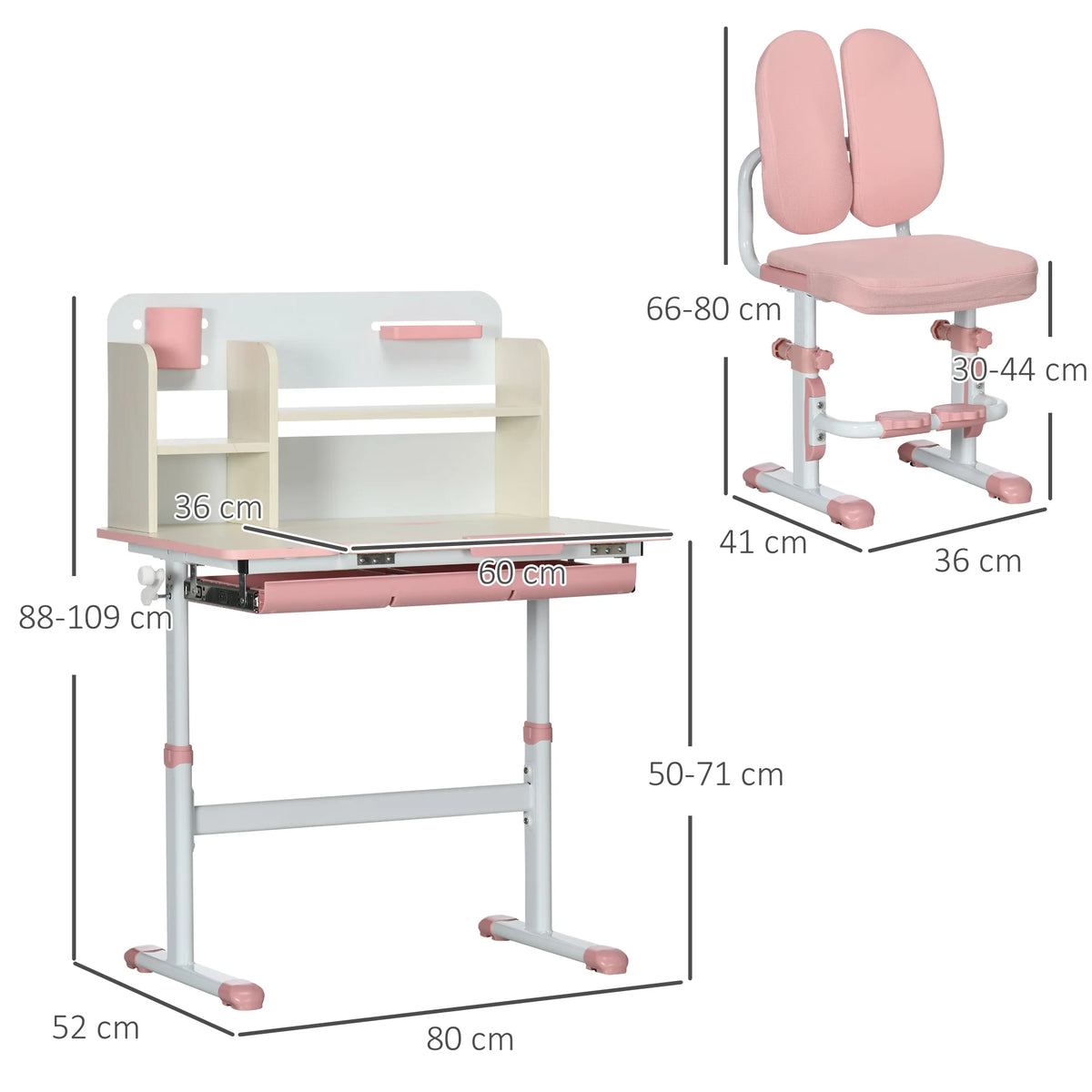Kids Study Desk and Chair Set, Height Adjustable Set with Storage Shelves, Anti-Slip Mat, for Ages 3-12 Years