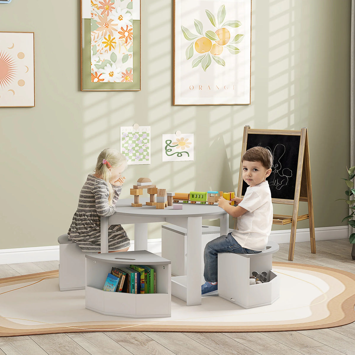 Kids Table and 4 Chairs Set with Under-Seat Storage, Ages 3–8, Grey
