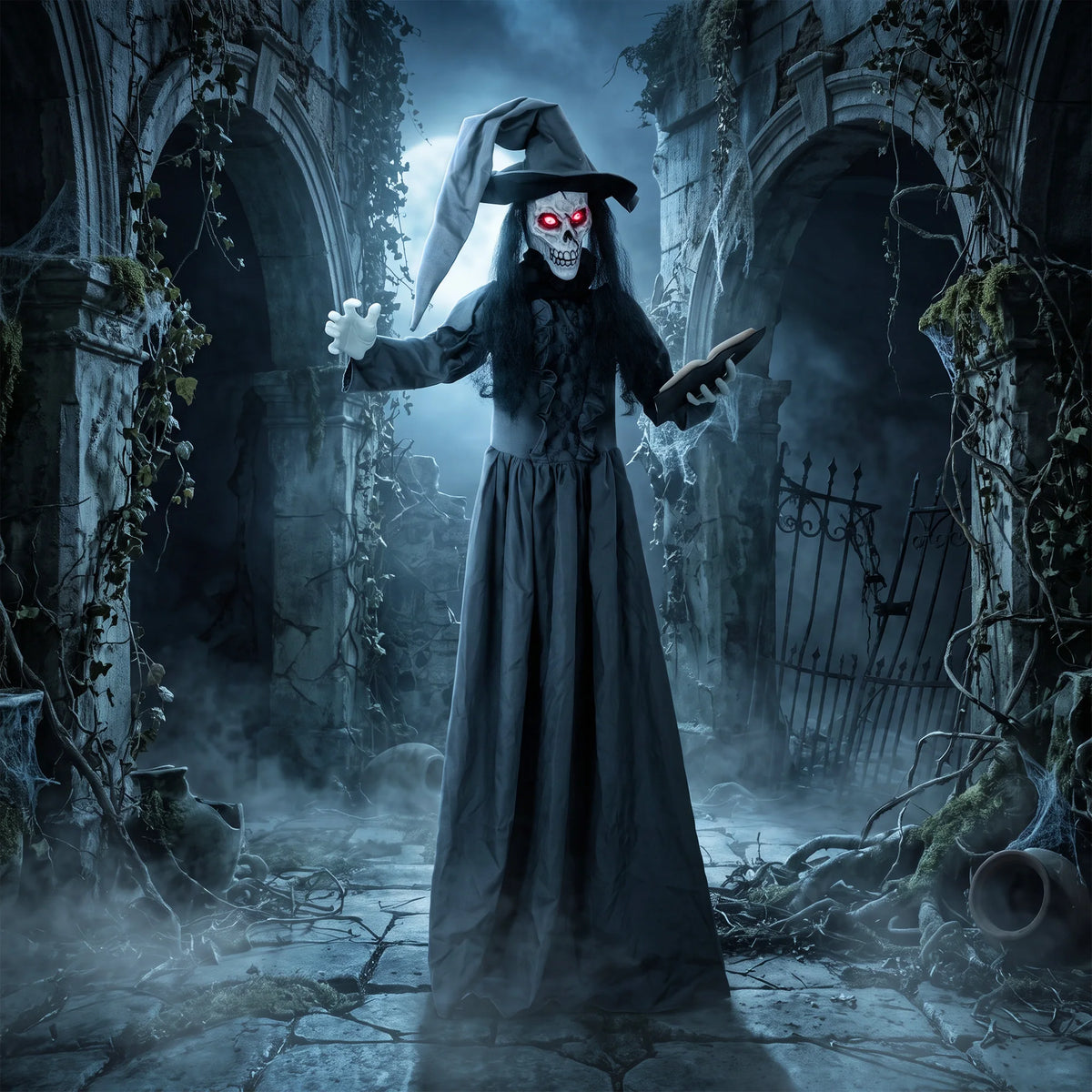 Face changing mechanism on an animated witch Halloween prop