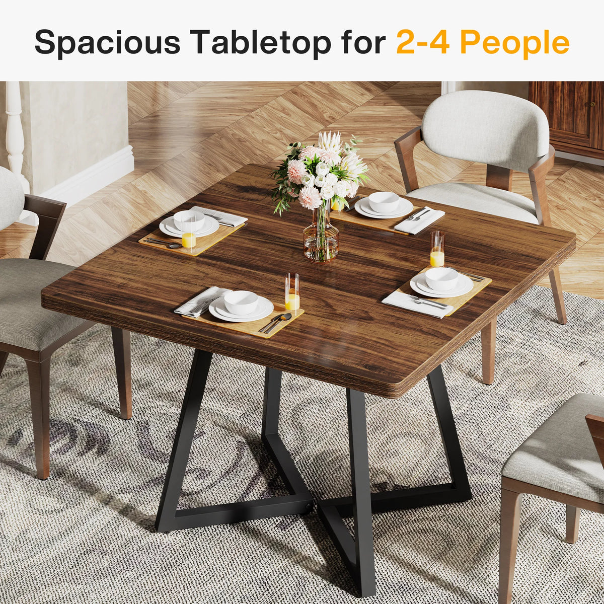 Square Dining Table for 4 Industrial Wood Kitchen Table with Metal Base