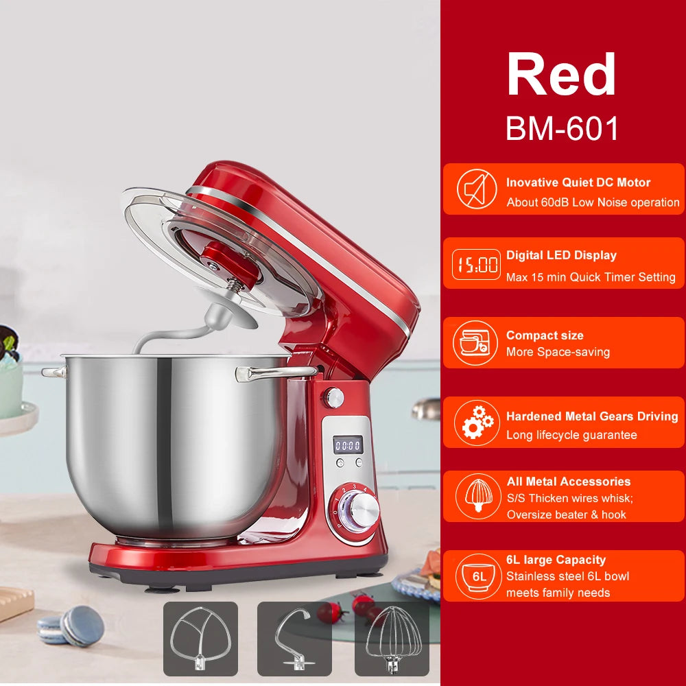 1200W Stand Mixer 6L Kitchen Food Mixer with Dough Hook Whisk 6 Speed Baking Machine