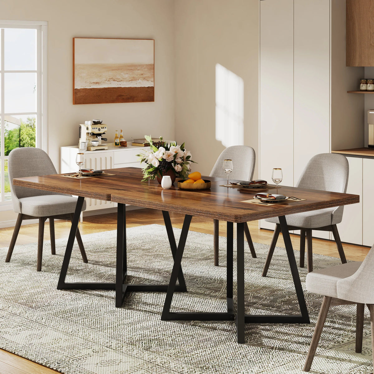 Square Dining Table for 4 Industrial Wood Kitchen Table with Metal Base