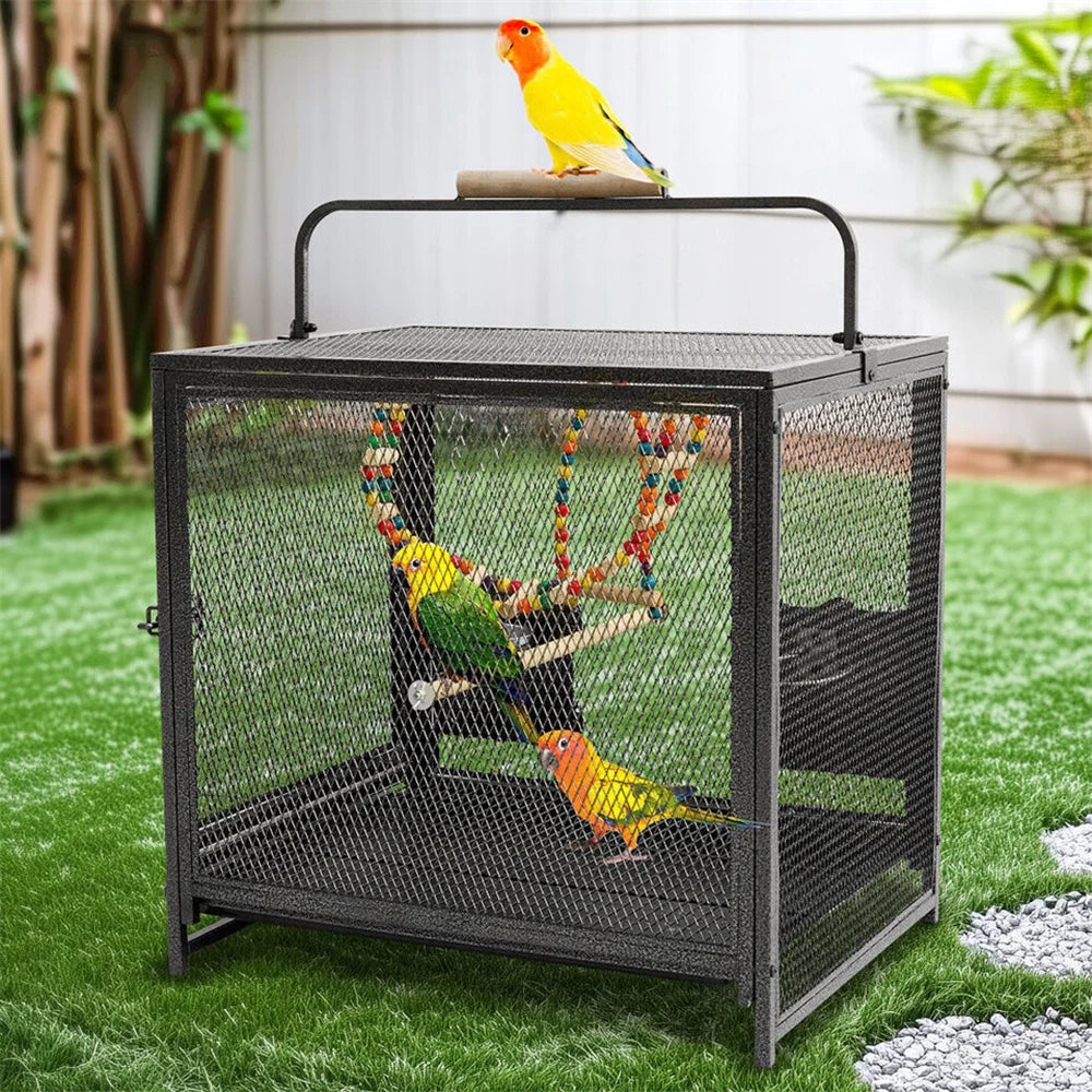 Heavy-Duty Metal Travel Bird Cage with Handle, Perches and Toys, 58 x 46 x 56cm