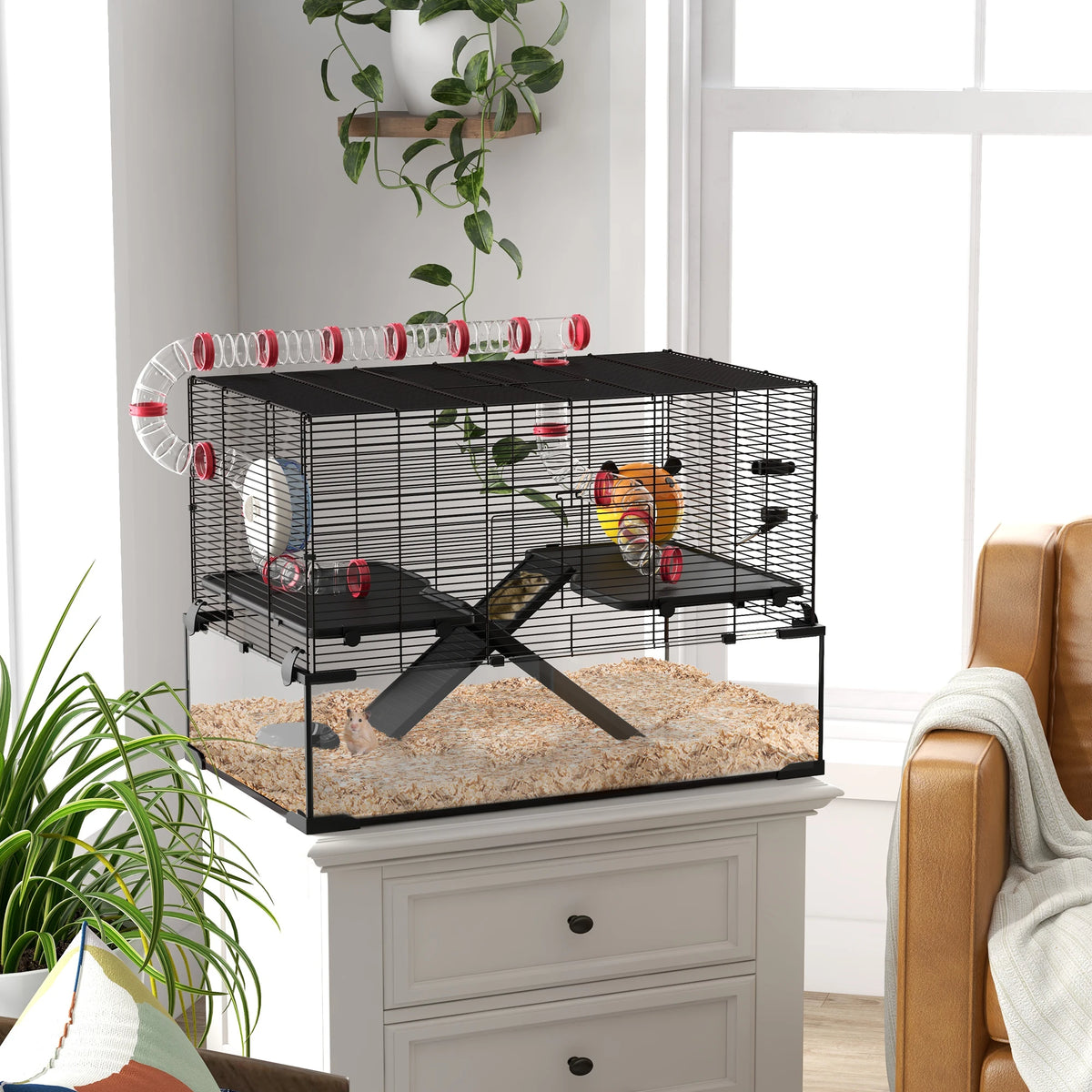 Large Hamster Cage, Gerbil Cage with Deep Glass Bottom, Tunnels, Non-Slip Ramps, Exercise Wheels, Water Bottle, Dish