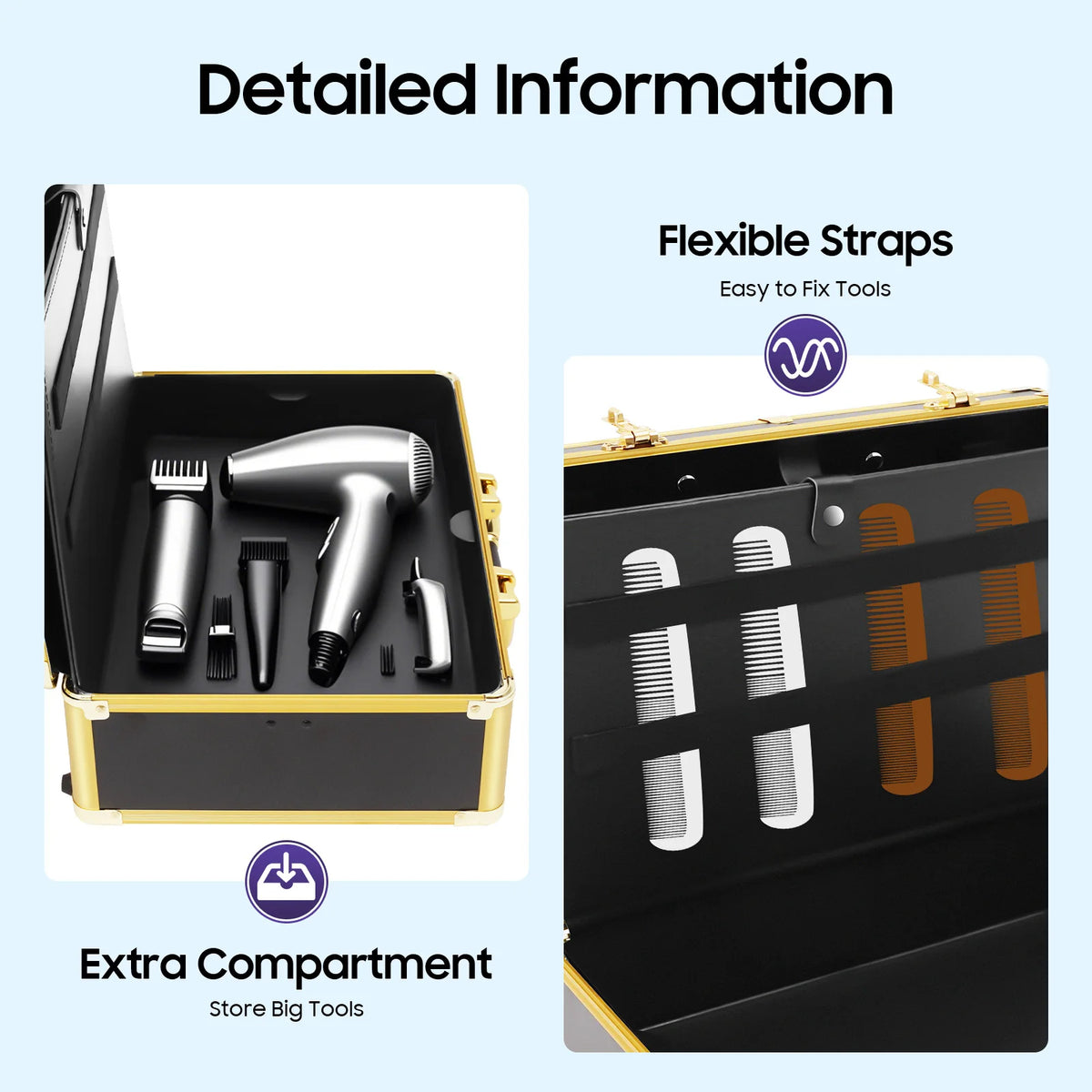 Large Makeup Case 40x16.5x27.5cm with 2 Combination Locks Fireproof Board and Metal 20kg Capacity Gold