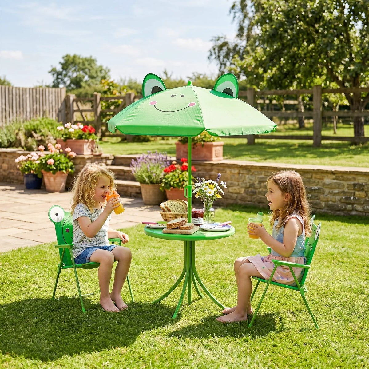 Kids Folding Picnic Table and Chair Set with Parasol Frog Design 2 Deck Chairs Metal Frame Green