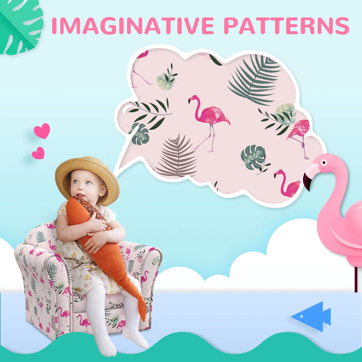 Kids Sofa Chair with Flamingo Design Wooden Frame Upholstered Toddler Armchair for Ages 18-36 Months