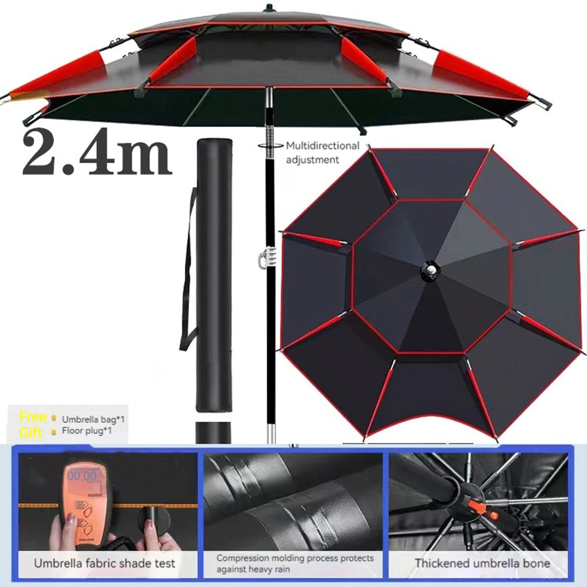 Large Double-Layer Beach and Fishing Umbrella, Portable Garden Parasol, Red
