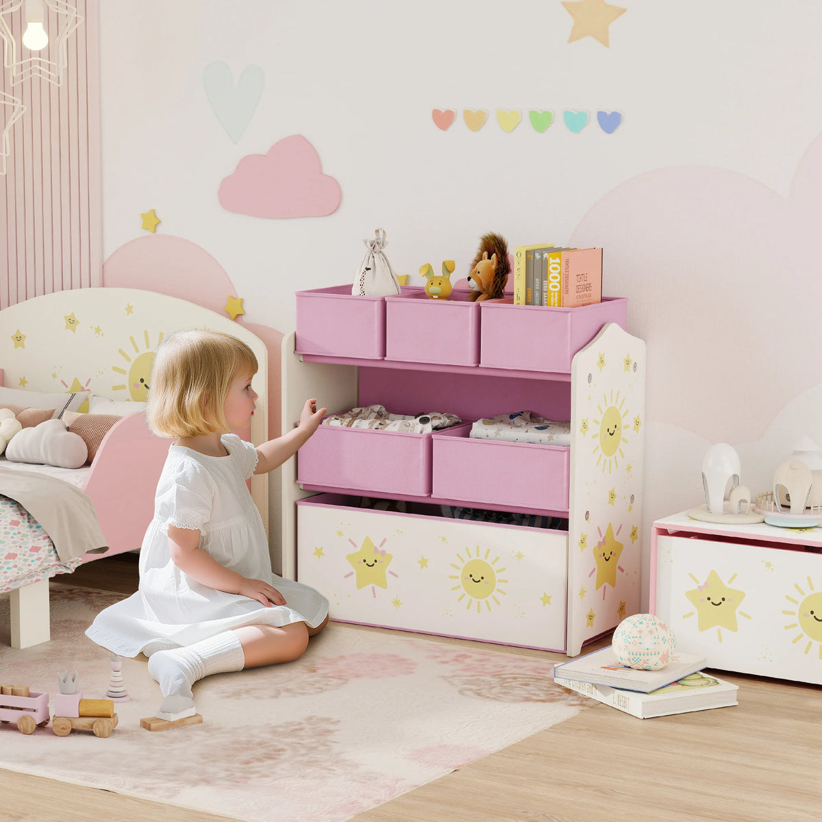 3 Tier Kids Storage Shelf with 6 Removable Fabric Boxes Bookshelf Organiser Rounded Corners