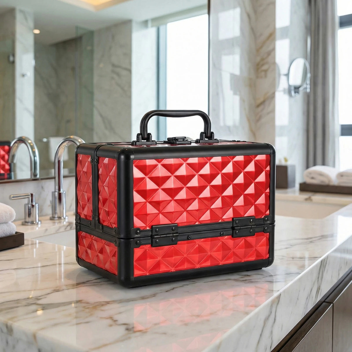 Two Layer Aluminium Alloy Makeup Case with 4 Adjustable Trays 2 Removable Dividers Water Cube Design Portable