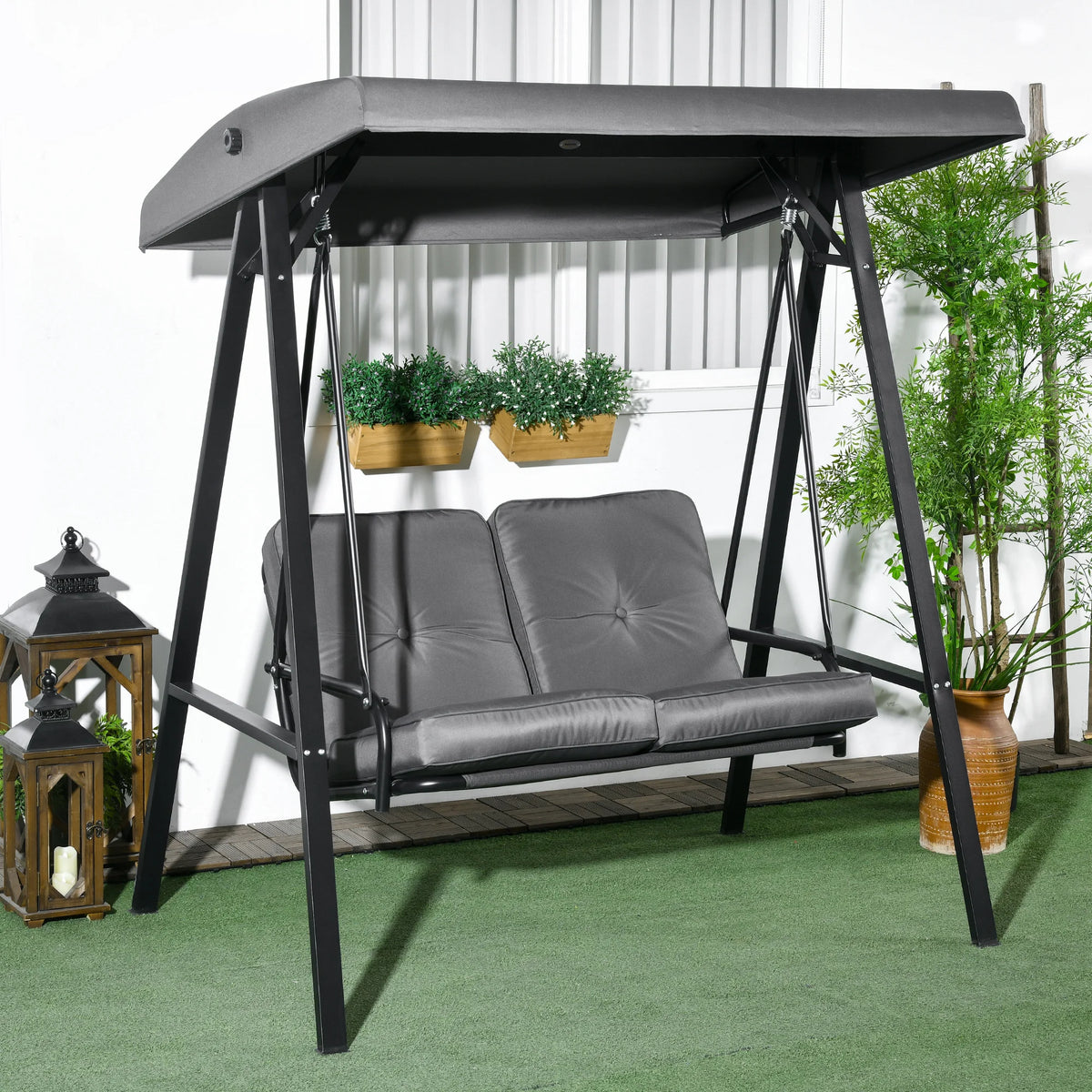 2 Seater Garden Swing Seat with Adjustable Canopy and Cushions, Dark Grey