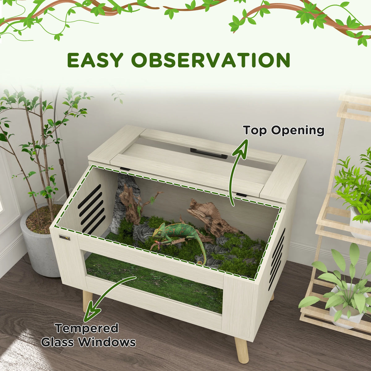 Reptile Vivarium Terrarium with Tempered Glass Windows, Openable Top for Snake Lizards, Horned Frogs, Chameleons