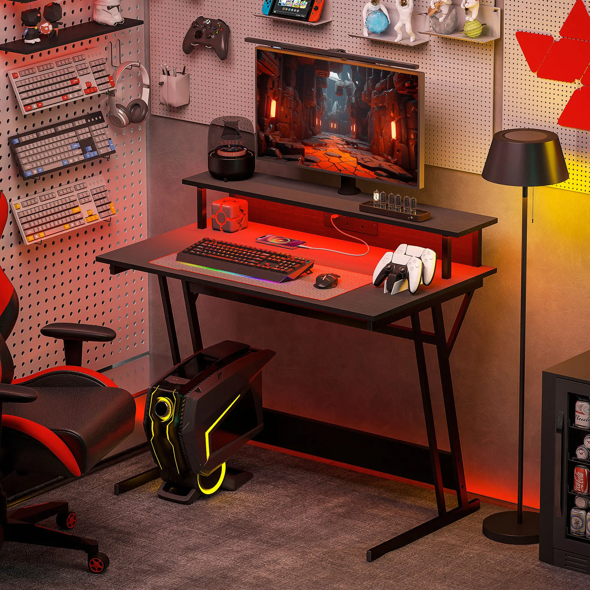 LED Gaming Desk with Power Outlets and Monitor Stand, 100 x 60cm, Black