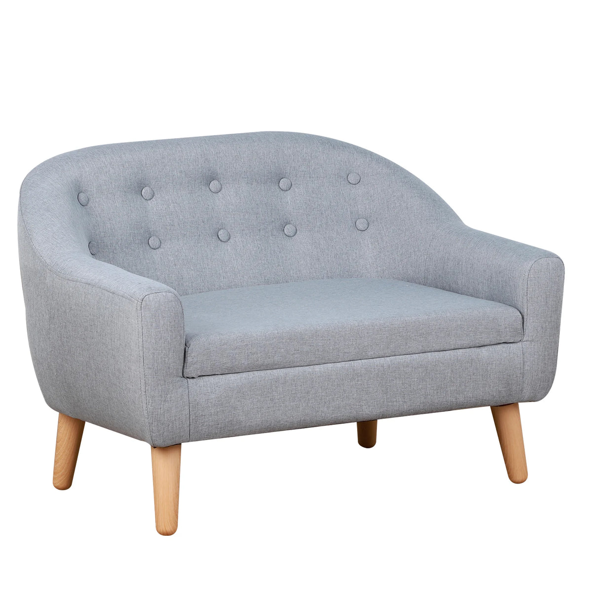Kids 2 Seater Mini Sofa with Wood Frame Padded Seat Linen Look Upholstery Button Back Detail Grey