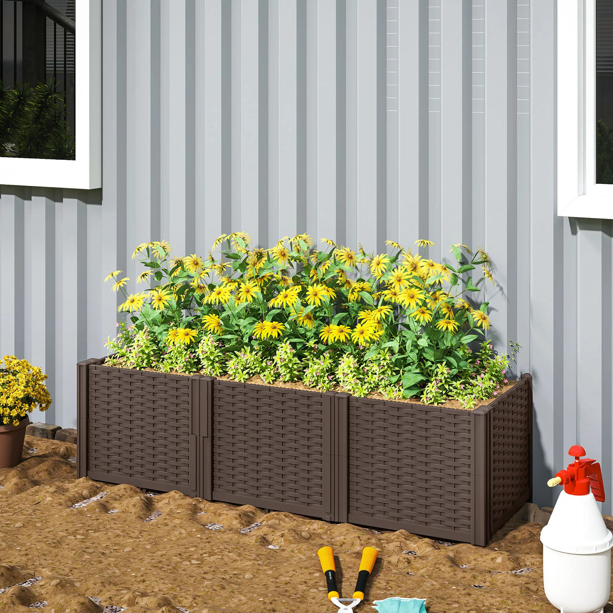 Plastic Raised Garden Bed, Modular Outdoor Planter Box for Flowers, Vegetables