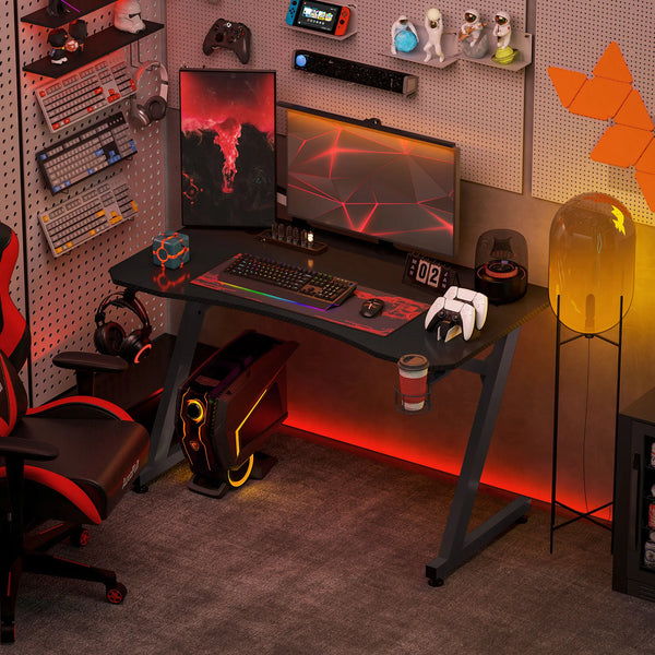 Gaming Desk with Steel Frame, Cup Holder and Headphone Hook, 120cm, Black