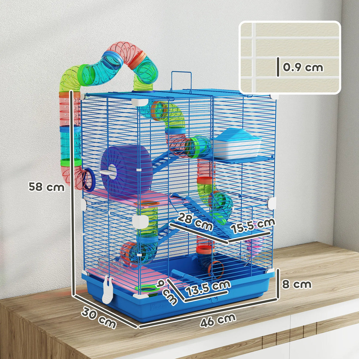 5 Tier Hamster Cage with Play Tunnel Exercise Wheel Food Dish Water Bottle and Carry Handle Blue