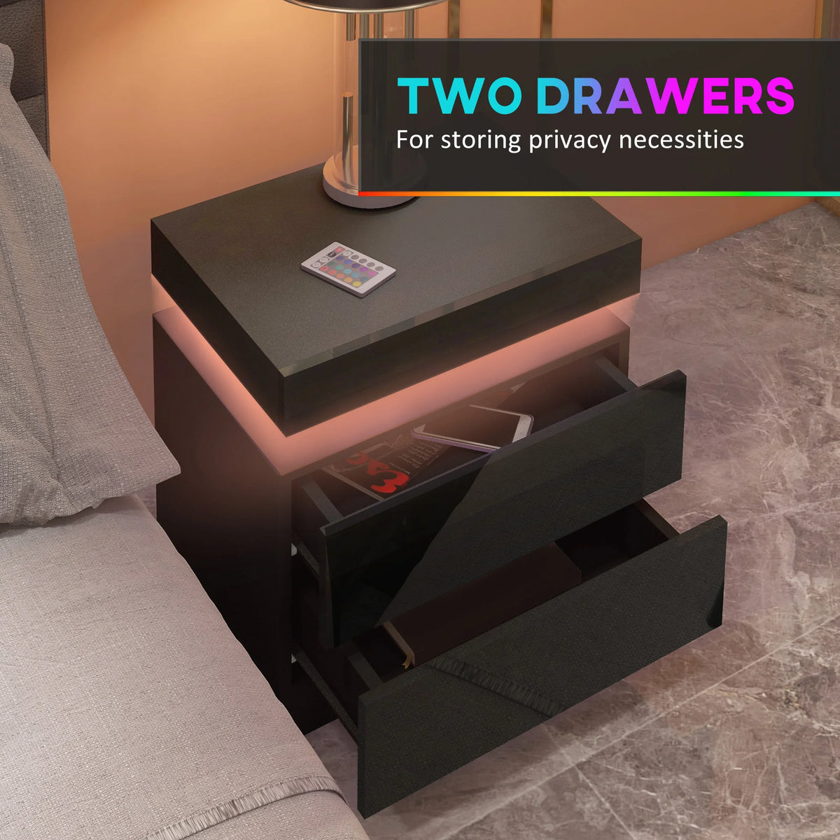 High Gloss Bedside Table with LED Light and 2 Drawers, Black