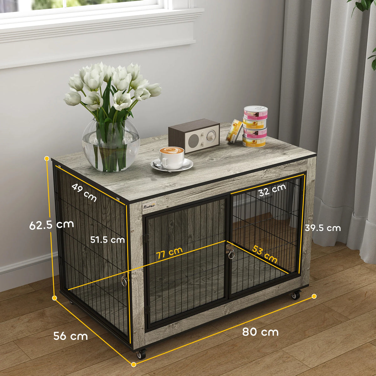 Dog Crate Furniture on Wheels, for Medium Dogs, 80 x 56 x 62.5cm